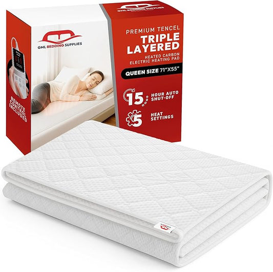 GML Premium Tencel Triple-Layer Heated Mattress Pad, Machine Washable, 15-Hour Auto Shut-Off, 5 Heat Settings, Timer, Smart Controller, Electric Mattress Pad & Bed Warmer - Queen Size, 71x55