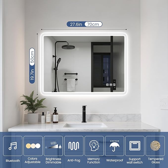 STARLEAD 20"x28" LED-Bathroom-Mirror-with-Lights, Wall-Mounted with Bluetooth Speaker, Anti-Fog, 3 Color Temperature, Dimmable Brightness, Waterproof, Tempered Glass, Frontlit & Backlit