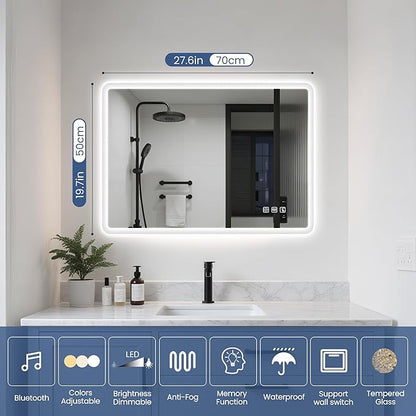 STARLEAD 20"x28" LED-Bathroom-Mirror-with-Lights, Wall-Mounted with Bluetooth Speaker, Anti-Fog, 3 Color Temperature, Dimmable Brightness, Waterproof, Tempered Glass, Frontlit & Backlit