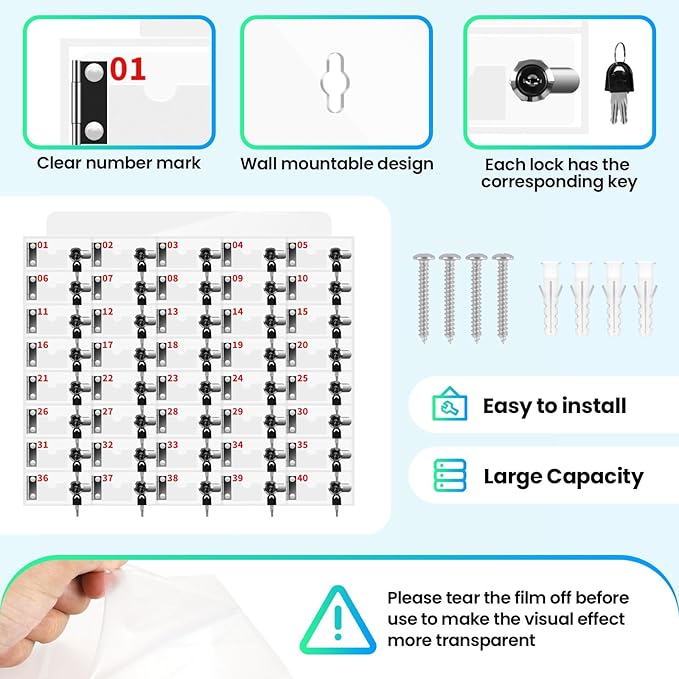 40 Slots Clear Acrylic Cell Phone Locker Box Wall-Mounted with Keys, Lockable Secure Storage Cabinet for Classroom Office Gym, Multi-Use Phone Lock Organizer for Employees Students (Small)