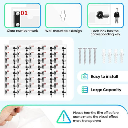 40 Slots Clear Acrylic Cell Phone Locker Box Wall-Mounted with Keys, Lockable Secure Storage Cabinet for Classroom Office Gym, Multi-Use Phone Lock Organizer for Employees Students (Small)