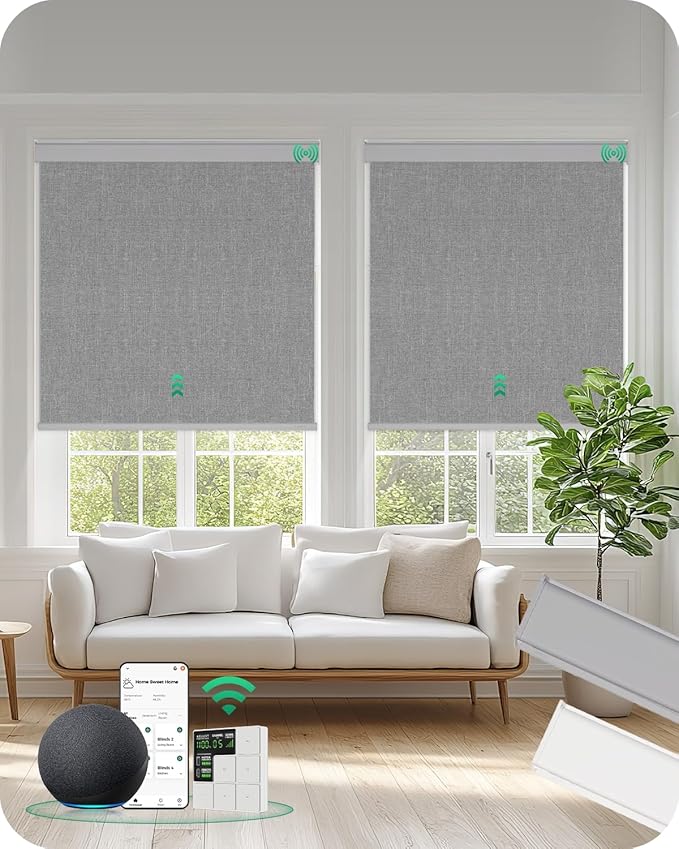 Allesin Motorized Roller Blinds – Rechargeable Smart Shades with Remote & Quiet Motor, Top/Bottom Aluminum Rails, Alexa-Compatible for Window (Custom Size, 100% Blackout Stone-Weave)