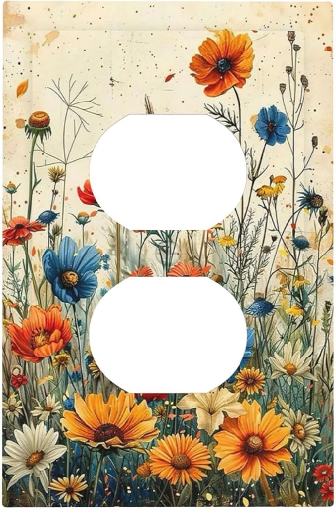 Outlet Covers Colorful Flowers Wildflowers Plants Orange Yellow Blue 1 Gang Duplex Light Switch Cover Plate Decorative Switch Plate Covers Electrical Socket Cover for Home Farmhouse Decor