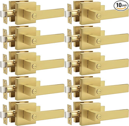 Probrico Interior Flat Square Gold Privacy Door Handle, Heavy Duty Keyless Interior Door Lever for Bed & Bath(10 Pack)