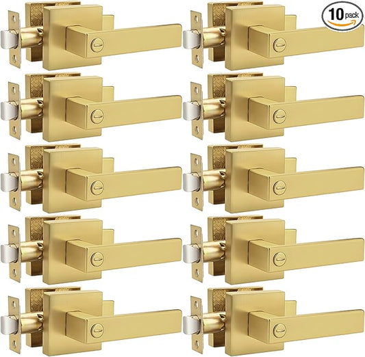 Probrico Interior Flat Square Gold Privacy Door Handle, Heavy Duty Keyless Interior Door Lever for Bed & Bath(10 Pack)