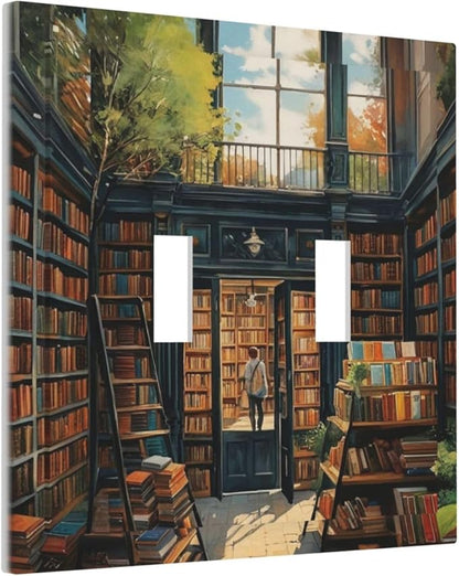 Library With A Lot Of Books Light Switch Covers Double Toggle 2 Gang Wall Plate Dual Decorative Switchplate Electrical Faceplate for Farmhouse Decor