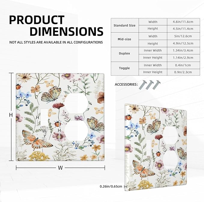 Decorative Outlet Covers Rustic White Butterfly Flowers Leaves 2 Gang Wall Plate Cover Single Toggle Duplex Combo Two Switch Light Switch Cover Plate Jumbo Dual GFCI Faceplate
