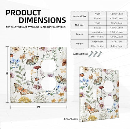 Decorative Outlet Covers Rustic White Butterfly Flowers Leaves 2 Gang Wall Plate Cover Single Toggle Duplex Combo Two Switch Light Switch Cover Plate Jumbo Dual GFCI Faceplate