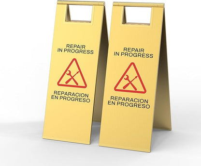 2 Pcs Maintenance Work in Progress Floor Sign , 24 Inch Stainless Steel Repair In Progress Sign Double Sided Foldable Bilingual Commercial Safety Warning for Hotel Market Restroom Restaurant Office (Gold)