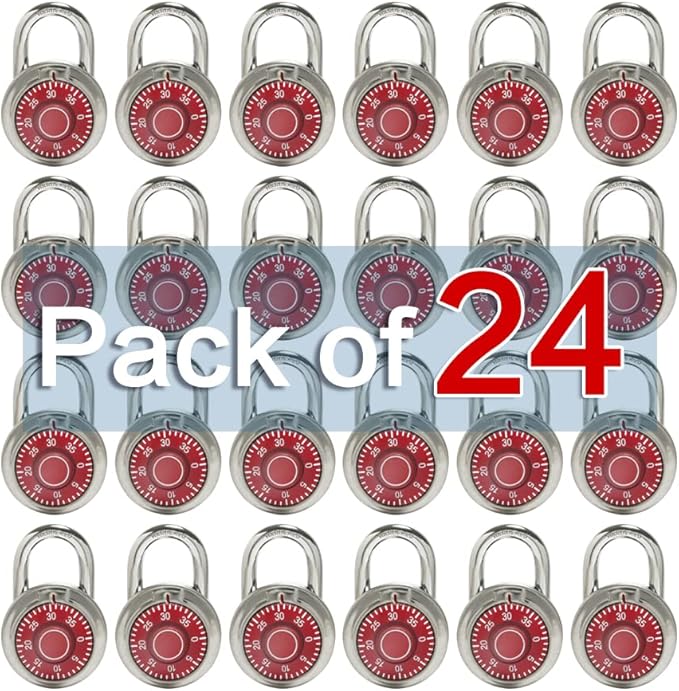 LanuBe Standard Dial Combination Lock, 2 in. Wide, with Different Combinations, Red Turnplate, Pack of 24; Lock for School, Employee, Gym Sports Locker, Case, Toolbox and so on