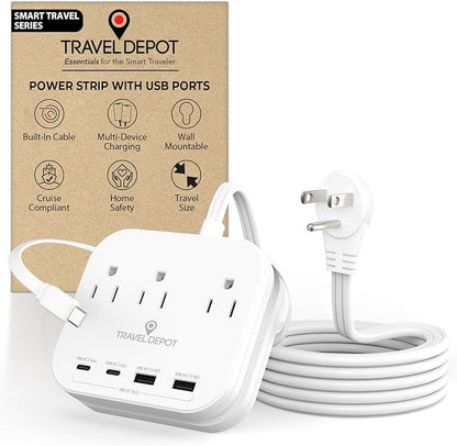 Cruise Essentials Flat Plug Power Strip, Durable 5 ft Extension Cord w/ 3 Outlets Extender & Built-In Type C Cable, 2 USB & 2 USB-C Ports, No Surge Protector for Cruise Travel, Dorm, Home
