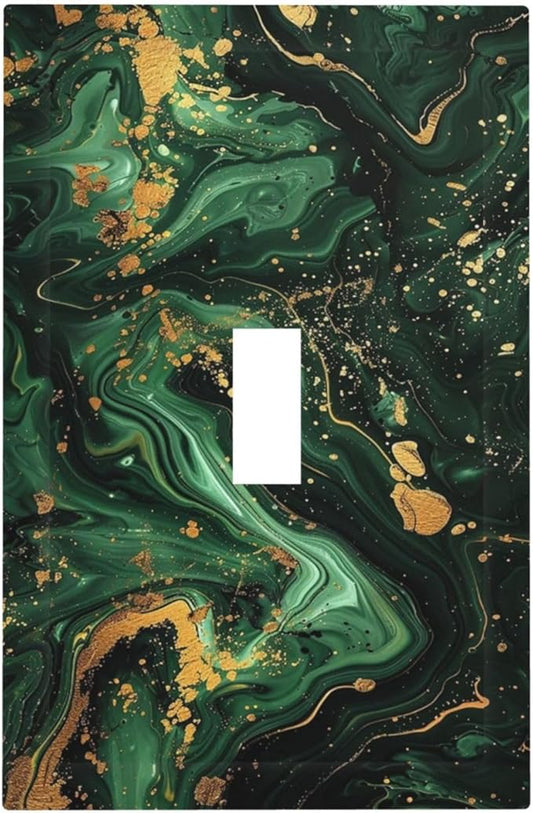Green/Gold Modern Abstract Luxury Marble Single Toggle Light Switch Cover plate Outlet Cover Decorative Switchplate Wall Plates Electrical Panel Cover for Bathroom Living Room 5 X 3 IN