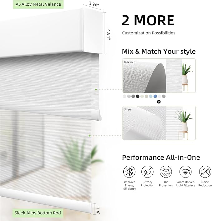 ZSTARR Motorized Day and Night Dual Smart Blind for Window with Valance Rechargeable Motor,Blackout Roller Shade Custom Size,with Valance Suitable for Home,Office (Full Blackout White)