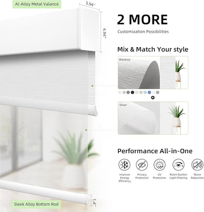 ZSTARR Motorized Day and Night Dual Smart Blind for Window with Valance Rechargeable Motor,Blackout Roller Shade Custom Size,with Valance Suitable for Home,Office (Full Blackout White)