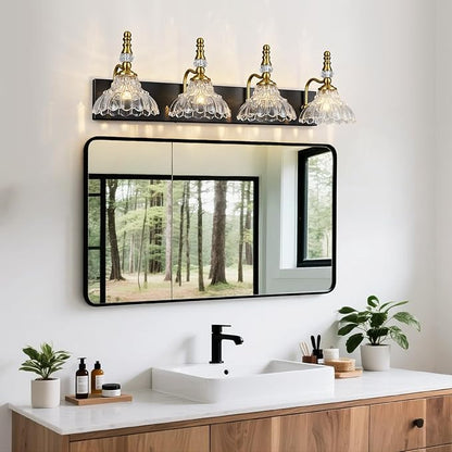 Vintage Bathroom Vanity Light, 4-Light Black Gold Vanity Lighting Fixture with Flower Glass Shade, Bathroom Lighting Fixtures Over Mirror