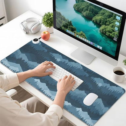 Heated Desk Pad Mouse Pad 31.5x13 Inch PU Leather Desk Mat with 3 Heat Levels Large Mouse Gaming Computer Laptop Mat Blue Mountains and Pine Trees