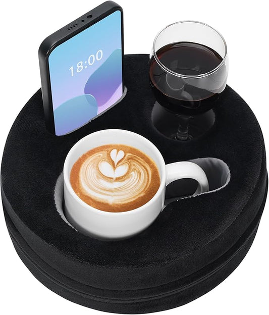 G GOOD GAIN Couch Cup Holder Pillow, Cute Sofa Drink Cup Holder Cozy Buddy | Desk Organizer for Mugs, Snacks, Phone, Makeup | Bed Caddy Tray for Car, Beach, Picnic, Boat, RV, Table (Black)