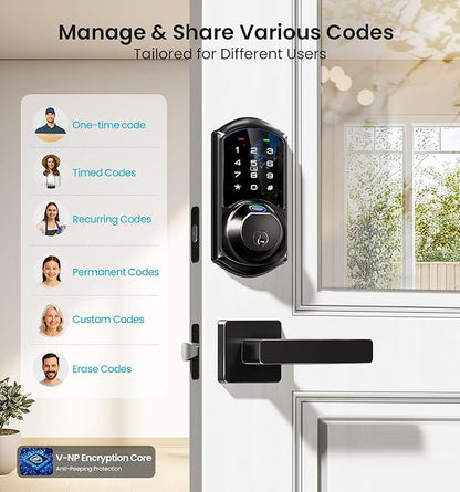 Veise VE07-L Fingerprint Smart Locks for Front Door with Zinc Alloy Handle Set, App Control, Keyless Entry, Electronic Digital Keypad Deadbolt, Auto Lock, Waterproof, Easy to Install, Matte Black