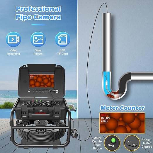 Sanyipace Sewer Camera 165FT/50M with 512Hz Transmitter, Self-Leveling, Distance Counter, Plumbing Inspection Camera with Microphone Speaker Audio Video Record, 16GB TF Card, Pipe Pulley (7mm Cable)