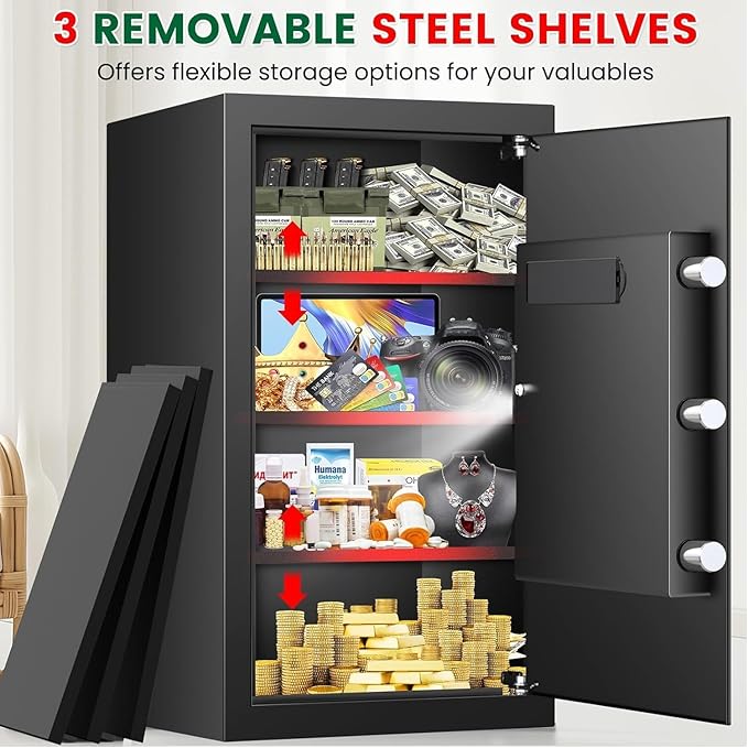 5.1 Cuft Large Home Safes Fireproof Waterproof, Anti-theft Security Personal Safe Box With Digital Keypad & 3 Removable Shelves and Led Light, Fireproof Document Safes for Home Money Valuables