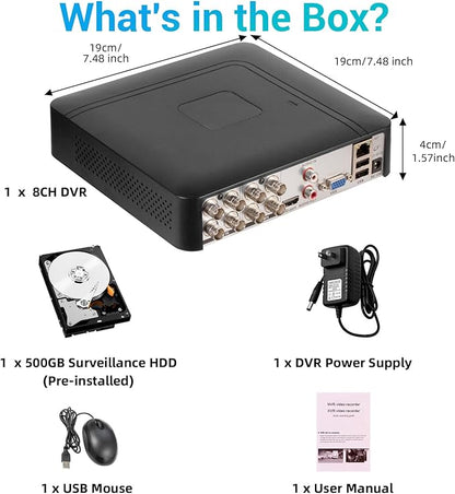 Fuers H.265+ Security DVR Recorder with 500G Hard Drive,8CH Hybrid 6-in-1 CCTV DVR for Surveillance Camera, Supports 8CH Analog Cameras, AI Human Detection, Mart Playback, Email Alert,Remote Access