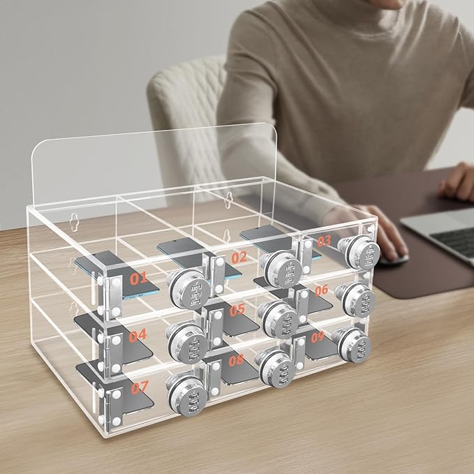 Cell Phone Locker Box 9 Slots Cell Phone Organizer Cabinet with Combination Locks Wall-Mounted Locking Cell Phone Storage Box for Classroom Office,Shool,Office (9 Slots, Wood+Acrylic)