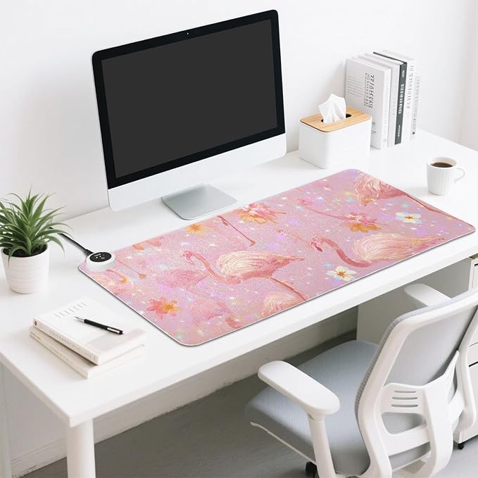 Heated Desk Pad Mouse Pad 31.5x13 Inch PU Leather Desk Mat with 3 Heat Levels Large Mouse Gaming Computer Laptop Mat Pink Gradient Flamingo and Petals