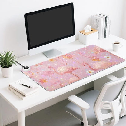 Heated Desk Pad Mouse Pad 31.5x13 Inch PU Leather Desk Mat with 3 Heat Levels Large Mouse Gaming Computer Laptop Mat Pink Gradient Flamingo and Petals