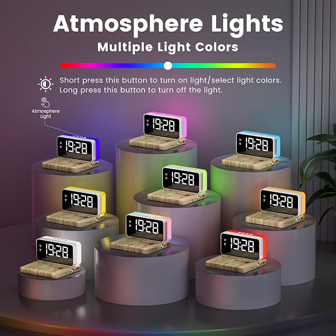 Alarm Clocks for Bedrooms with Wireless Charger Station, Bluetooth Speaker, Woodgrain, White Noise Sound Machines, RGB Night Lights, Ideal Gift for Adult Man Women Teen Girls Boys