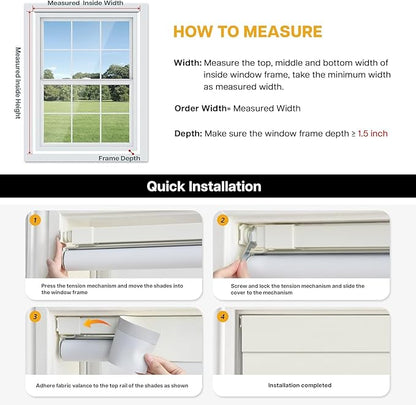 LazBlinds No Drill Blinds for Indoor Windows, Blackout Roller Shades, Cordless Window Blackout Blinds, Thermal Insulated Fabric UV Protection for Home and Office, 24" W x 72" H, Black