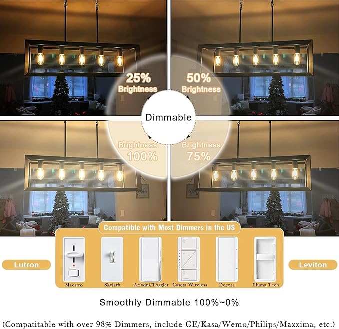 3.2 Inch 2700K Soft White E26 LED Bulb 60 Watt Equal, AC 120V 600LM Edison Bulbs Dimmable, 6W T10 T30 Tubular Filament Light Bulbs Clear Glass for Fan Pendant Wall Light, UL Listed-6 Pack