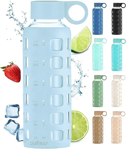 purifyou 40oz / 32oz / 22oz / 12oz Borosilicate Glass Water Bottle with Time & Volume Markers, Silicone Sleeve, Stainless Steel Lid | Reusable Glass Bottle for Water & Juice (12oz Ice Blue)