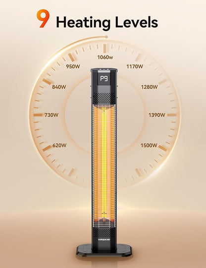 VAGKRI 42" 1500W Electric Outdoor Infrared Heater with Remote, 9 Heat Levels, 24H Timer, 1S Fast Heating, IPX5 Waterproof Tower Space Heater for Home, Office, Patio, Garage
