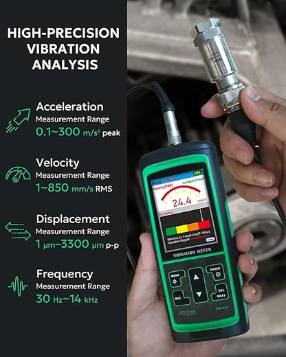 Digital Vibration Meter VM-428 | PC-Connected Analyzer | Measures Acceleration (0.1–300 m/s²), Velocity (1–850 mm/s), Displacement (1–3300 μm), Frequency (30Hz–14kHz) | for Industrial Equipment