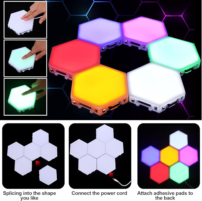 6 Pcs Hexagon Autism Lights LED Wall Panels Touch Sensitive Lights Visual Stimulation for Home Living Room Kids Bedroom Decor Autism Gift Adults