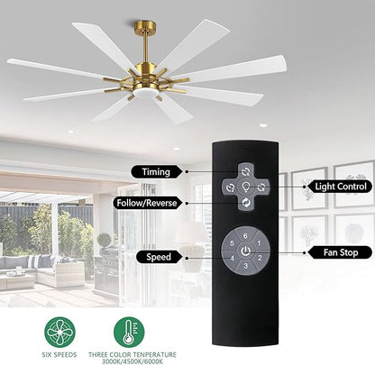 WINGBO 72" DC Ceiling Fan with Lights, Gold and White Ceiling Fan with 3 Downrods, 8 Plywood Blades, 6-Speed Reversible DC Motor, Modern Ceiling Fans Indoor for Kitchen Bedroom Living Room