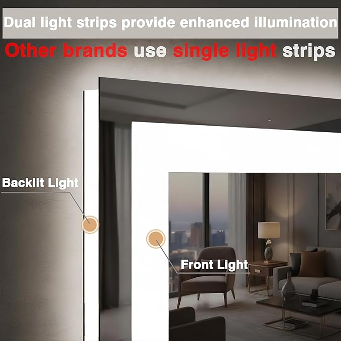 60"x36" LED Mirror for Bathroom, Front and Backlit, Anti-Fog Bathroom Mirror with Lights, Stepless Dimmable Lighted Mirror, 3 Colors Smart Mirror (Horizontal/Vertical)
