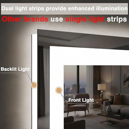 66"x36" LED Lit Bathroom Mirror, Front and Backlit LED Mirror, Anti-Fog Bathroom Mirror with Lights, 3 Colors Stepless Dimmable Mirror, Touch Sense (Horizontal/Vertical)