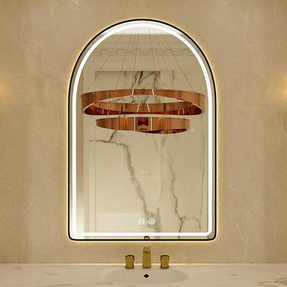 22x32 Arched Black LED Mirror for Bathroom with Frontlit & Backlit, Arch Wall Mounted Mirror for Bathroom with Anti-Fog, Dimmable Adjustable, 3 Colors, Black Framed Smart LED Light Up Mirrors