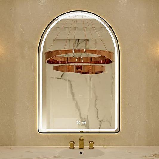 22x32 Arched Black LED Mirror for Bathroom with Frontlit & Backlit, Arch Wall Mounted Mirror for Bathroom with Anti-Fog, Dimmable Adjustable, 3 Colors, Black Framed Smart LED Light Up Mirrors