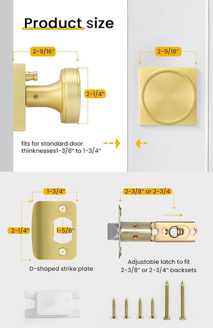 goldenwarm Gold Door Knobs Interior, Brushed Gold Door Knobs Square Privacy Door Knob for Bedroom Bathroom, Modern Heavy Duty Interior Doorknobs - 1 Pack Zinc-Alloy