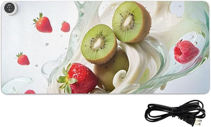 Large Heated Mouse Pad,Leather Desk Mat,31.5"x13",Hand Warmer Pads for Desk,Fruit(Red Cream)