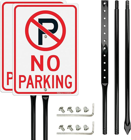 Faittoo Large No Parking Sign with 54" Metal Thick Stake, 2 Pack 14"x10" Rust Free Heavy Aluminum, Reflective, Fade Resistant, Easy to Mount, Outdoor Use