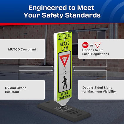 Impact Recovery - In-Street Pedestrian Crossing Signs - Street Sign - Road Safety School Yield Sign with Portable Base