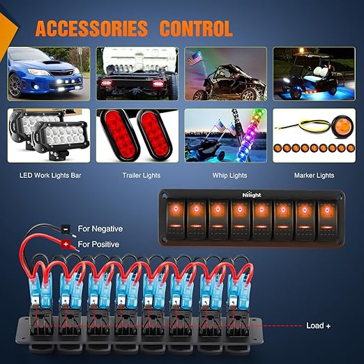 Nilight 8 Gang Rocker Switch Panel with Orange LED Light 5 Pin On Off Pre-Wired Aluminum Toggle Switches Waterproof for 12V/24V Cars Marine Boats ATVs Trailers RV Trucks