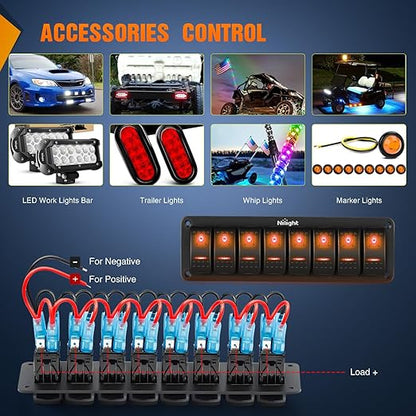 Nilight 8 Gang Rocker Switch Panel with Orange LED Light 5 Pin On Off Pre-Wired Aluminum Toggle Switches Waterproof for 12V/24V Cars Marine Boats ATVs Trailers RV Trucks