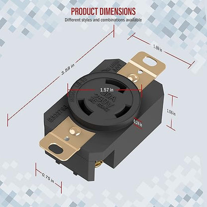 ENERLITES NEMA L6-30R Flush Mounting Locking Receptacle for Generator, Twist Lock Outlet, 30 Amp, 250 Volt, 2 Pole, 3 Wire Grounding, Industrial Grade Heavy Duty, UL Listed, 66460-BK, Black, 2 Pack