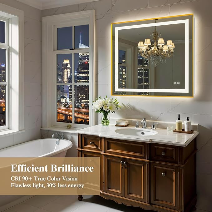 40X36 Inch LED Bathroom Mirror with Lights, Gold Frame Frontlit+ Backlit Bathroom Vanity Mirror for Wall, Ultra-Clear Tempered Glass, Shatter-Proof, Anti-Fog and Memory Function, ETL Listed