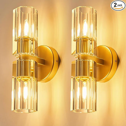 Modern Gold Wall Sconces Set of Two Bedroom Crystal Wall Sconces Indoor Sconces Wall Lighting Living Room Sconces with K9 Crystal Lampshade for Bathroom Hallway Entryway Stairway