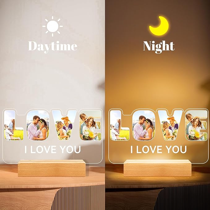 Custom Picture Frames with Photo, Personalized Picture Frame with Night Light, Customized Photo Frame Gifts, Personalized Anniversary Valentines Day Gifts for Women Men Her Him Girlfriend Boyfriend Couple